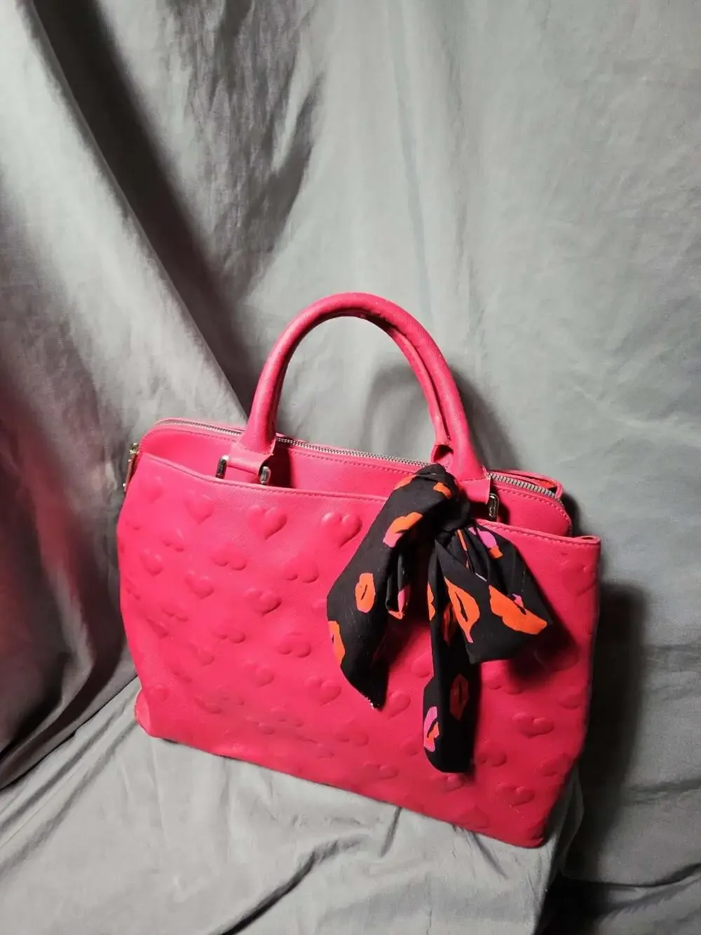Betsey Johnson Hot Pink Satchel with Embossed Hearts and Lips Print Scarf